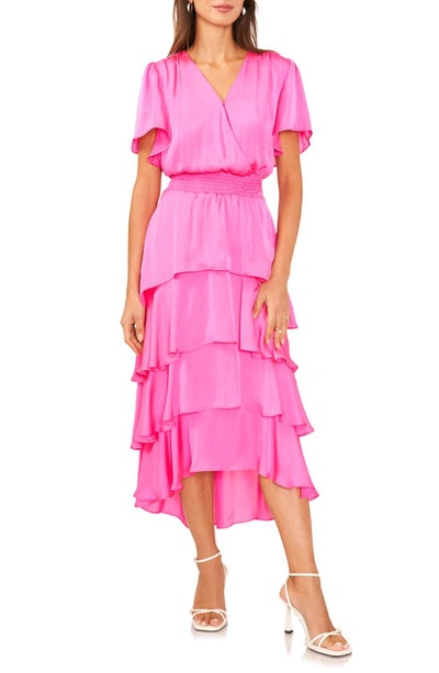 Vince Camuto Flutter Sleeve Tiered Dress In Hot Pink