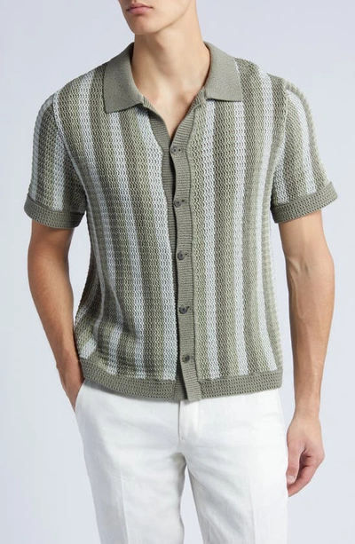 Vince Crochet Stripe Short Sleeve Button-up Cotton Sweater In Dried Cactus Combo