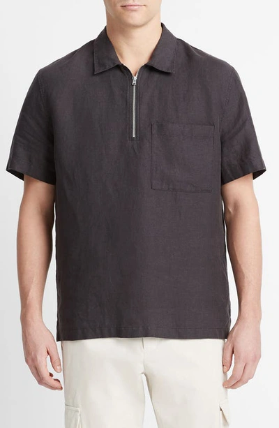 Vince Quarter Zip Short Sleeve Shirt In Washed Black