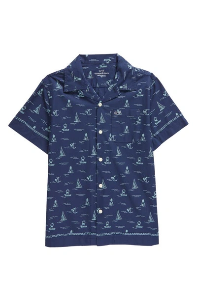 Vineyard Vines Boys' Short Sleeve Cabana Shirt - Little Kid, Big Kid In Sea Icons Border Chappy - Nautical Navy