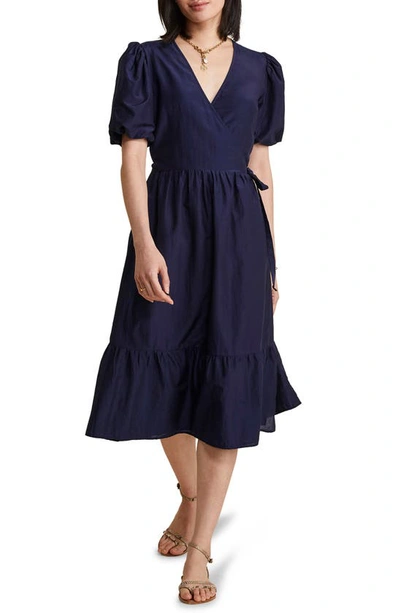 Vineyard Vines Puff Sleeve Cotton & Silk Midi Wrap Dress In Nautical Navy