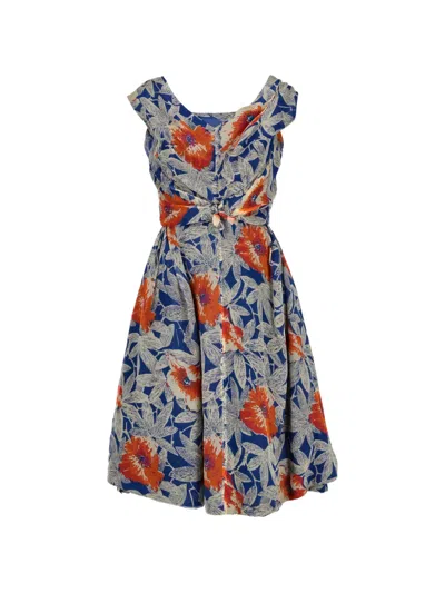 Pre-owned Vintage Floral-print Midi Dress In Blue