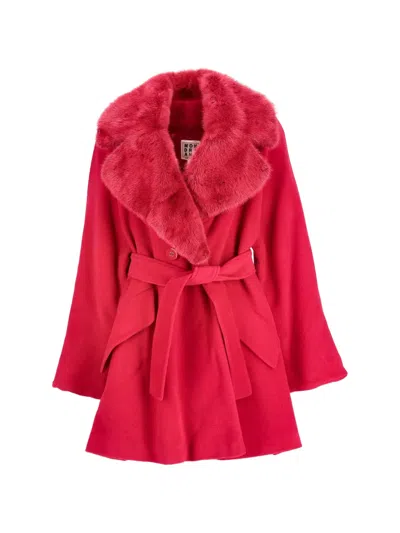 Pre-owned Vintage Mondrian Fur-collar Belted Coat In Red
