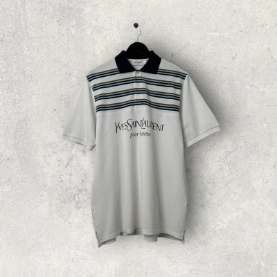Pre-owned Vintage X Ysl Pour Homme Ysl Yvessaintlaurent Striped Big Logo Polo Shirt In White/blue