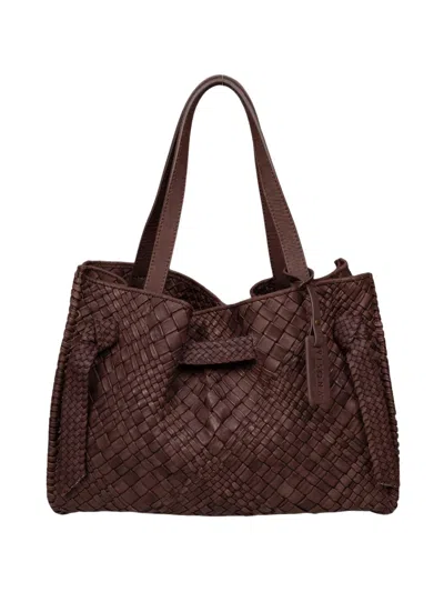 Visonà Woven Leather Shoulder Bag With Adjustable Strap And Bronze Accents In Brown