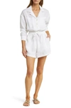 Vitamin A Getaway Long Sleeve Linen Cover-up Romper In White Eco Linen