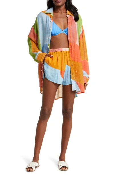 Vitamin A Playa Oversize Linen Cover-up Shirt In Abstract Eco Linen