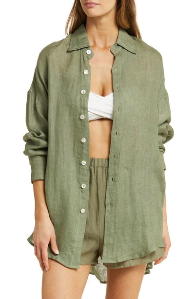 Vitamin A Playa Oversize Linen Cover-up Shirt In Agave Eco Linen