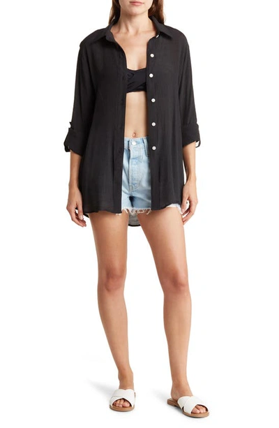 Vyb Textured Long Sleeve Button-up Cover-up Shirt In Black