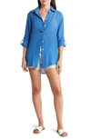 Vyb Textured Long Sleeve Button-up Cover-up Shirt In Blue