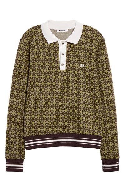 Wales Bonner Cotton Jacquard Long Sleeve Polo In Olive And Dark Brown