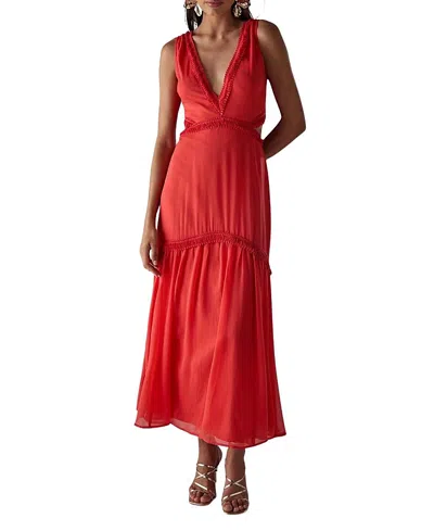 Warehouse Chiffon Fringe Trim Cut Out Maxi Dress In Red