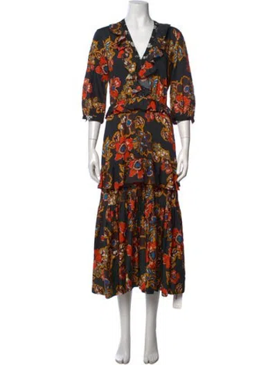 Pre-owned Warm Floral Print Midi Length Dress In Black