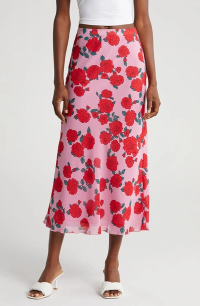 Wayf Jacqueline Floral Midi Slip Skirt In Pink Roses