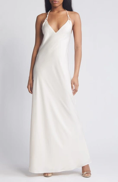 Wayf The Vienna Halter Neck Satin Slipdress In Beige