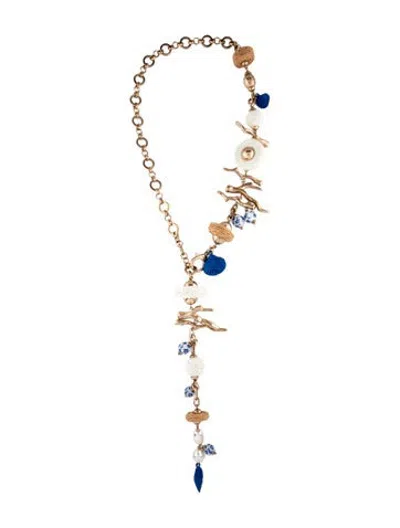 Pre-owned Weekend Max Mara Faux Pearl Abissi Charm Lavalier Necklace, 24.25" In Blue/brown/white