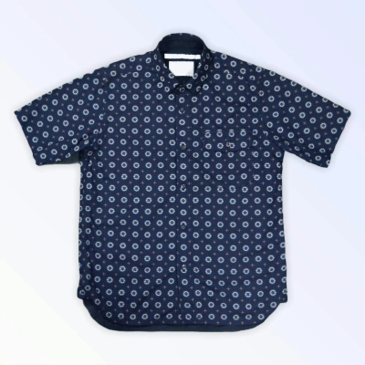 Pre-owned White Mountaineering Ss13  Navajo Button Short Sleeve Shirt In Navy Blue