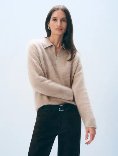 White + Warren White & Warren Brushed Cashmere Quarter-zip Sweater In Muted Camel In Nude
