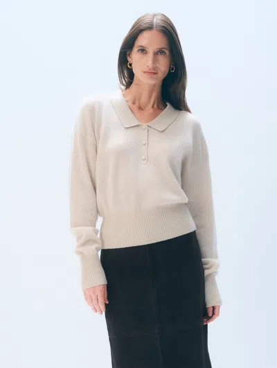 White + Warren White & Warren Cashmere Long Sleeve Polo Sweater In Natural Heather In Neutral