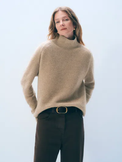 White + Warren White & Warren Cashmere Waffle Standneck Sweater In Taupe Heather In Brown