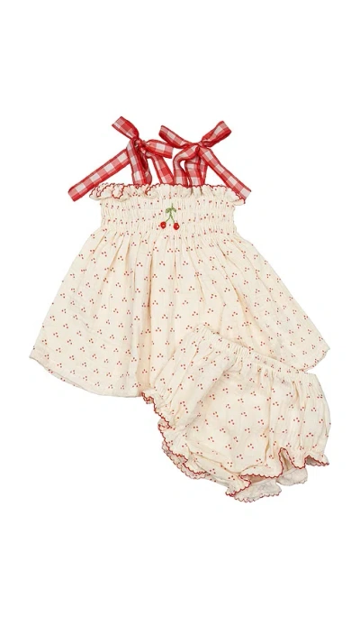 Wild Wawa Embroidered Smock Set In Red Dot Cherry