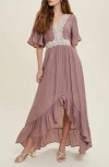 Wishlist Lace Trim High-low Dress In Dusty Mauve