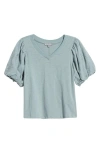 Wit & Wisdom Embroidered Puff Sleeve V-neck Top In Dusty Slate