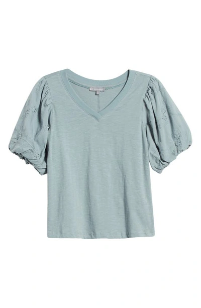 Wit & Wisdom Embroidered Puff Sleeve V-neck Top In Dusty Slate