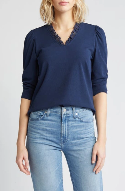 Wit & Wisdom Ruffle & Lace Trim Top In Navy