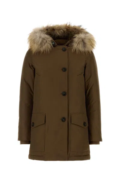 Woolrich Arctic Down Jacket In Cotton Blend With Featherlight Warmth In Brown