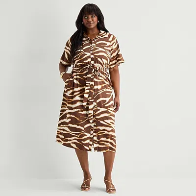 Worthington Womens Plus Short Sleeve Animal Shirt Dress In Brown