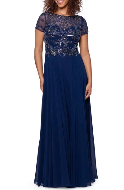 xscape navy beaded dress Navy Beaded Lace Long V Neck Dress With Open Back
