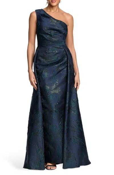 Xscape Evenings One-shoulder Jacquard Gown In Blue