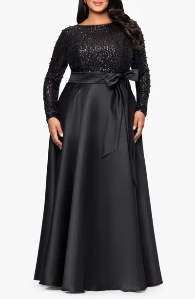 Xscape Evenings Sequin Bodice Long Sleeve Gown In Black