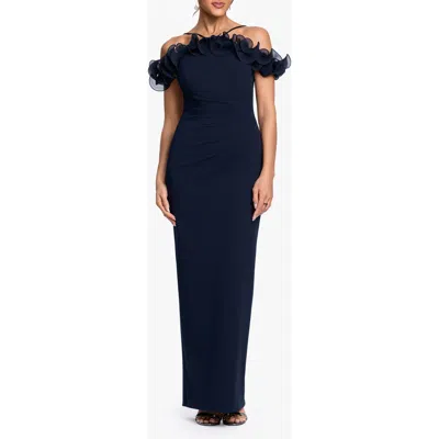 Xscape Evenings Wire Ruffle Cold Shoulder Sheath Gown In Blue