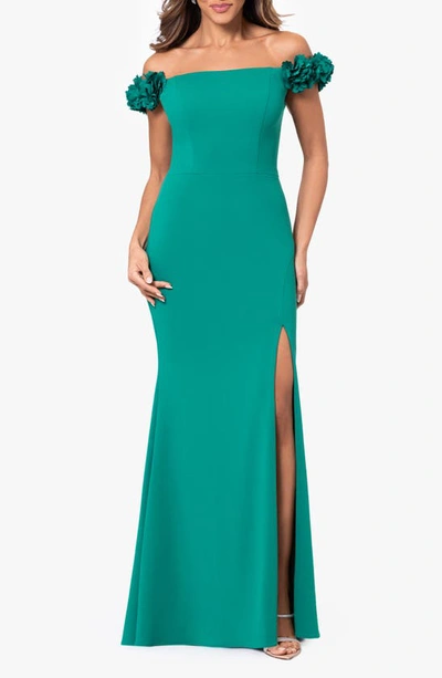 Xscape Flower Off The Shoulder Scuba Crepe Gown In Green