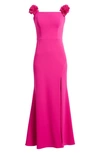 Xscape Flower Off The Shoulder Scuba Crepe Gown In New Fuchsia