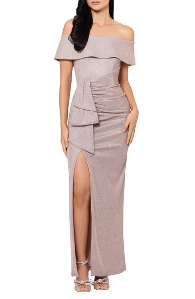 Xscape Metallic Ruffle Off The Shoulder Sheath Gown In Blush,silver