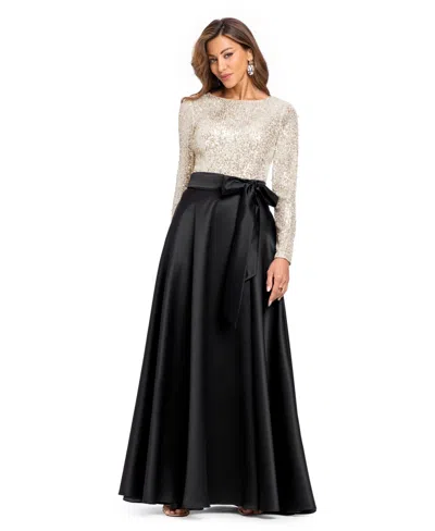 Xscape Petite Amanda Sequined Satin Crewneck Gown In Silver