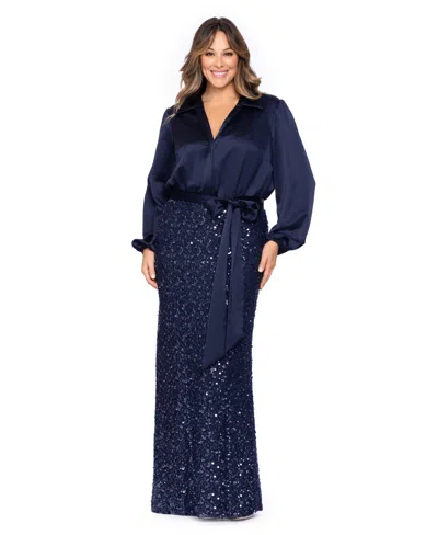 Xscape Plus Size Long-sleeve Sequin-embellished Wedding Guest Gown In Blue