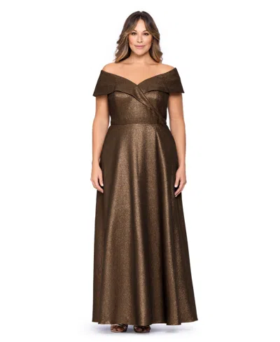 Xscape Plus Size Wedding Guest Off-the-shoulder Metallic Brocade Gown In Brown