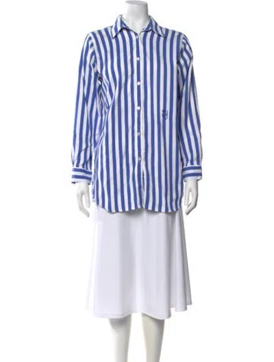 Pre-owned Yaitte Striped Long Sleeve Button-up Top In Blue
