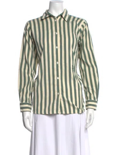 Pre-owned Yaitte Striped Long Sleeve Button-up Top In Green/neutrals