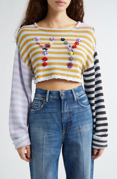 Yanyan Yy Appliqué Colorblock Stripe Crop Sweater In Marigold/ Lilac/ Choco