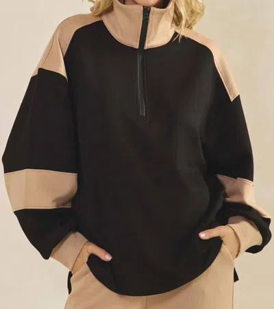 Yelete Color Block Quarter Zip Top In Black/beige In Multi