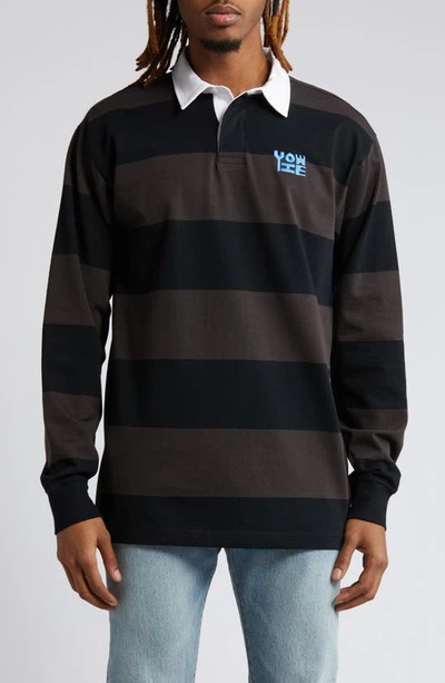 Yowie Rugby Stripe Long Sleeve Cotton Polo In Black