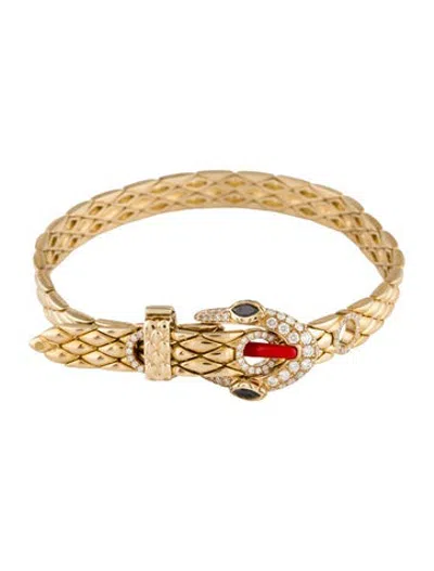 Pre-owned Yvonne Léon 9k Diamond & Enamel Python Mini Bracelet, 6.75" In Red