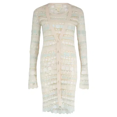 Pre-owned Zac Posen 2009  Runway Cream Silk Knit Dress And Cardigan Ensemble In White