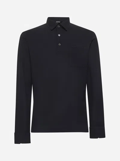 Zegna Blue Cotton Piquet Long-sleeved Polo Shirt