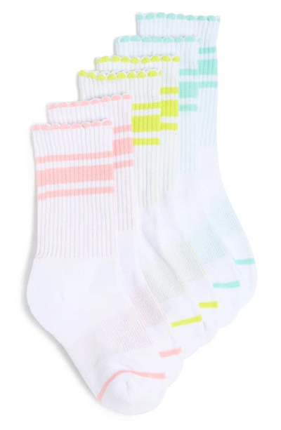 Zella Girl Kids' Peek-a-boo Assorted 3-pack Stripe Scallop Crew Socks In Green Obi- Multi Crew Pack